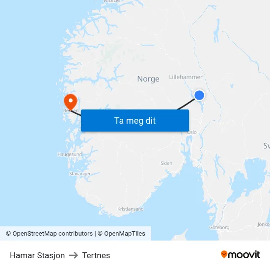 Hamar Stasjon to Tertnes map