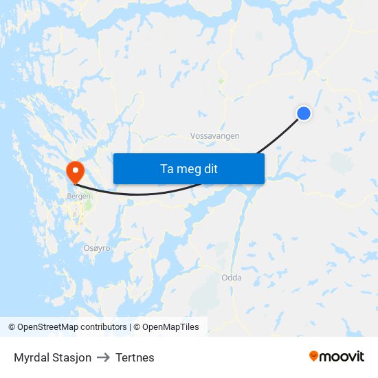 Myrdal Stasjon to Tertnes map