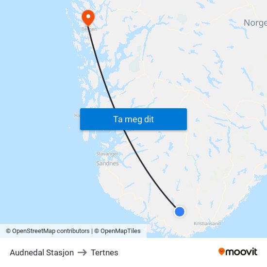 Audnedal Stasjon to Tertnes map