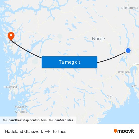 Hadeland Glassverk to Tertnes map