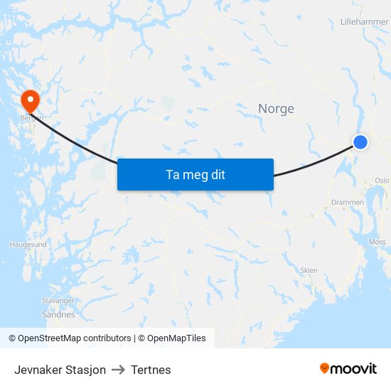 Jevnaker Stasjon to Tertnes map