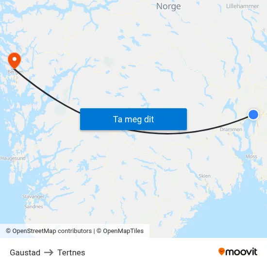 Gaustad to Tertnes map