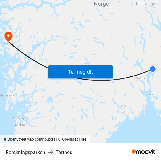 Forskningsparken to Tertnes map