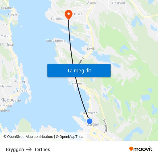 Bryggen to Tertnes map