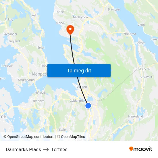 Danmarks Plass to Tertnes map