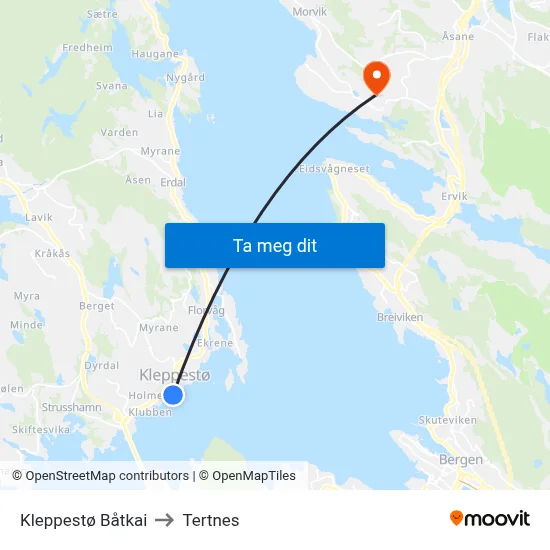 Kleppestø Båtkai to Tertnes map