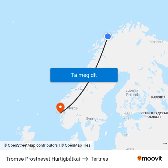 Tromsø Prostneset Hurtigbåtkai to Tertnes map