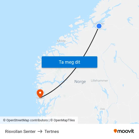 Risvollan Senter to Tertnes map
