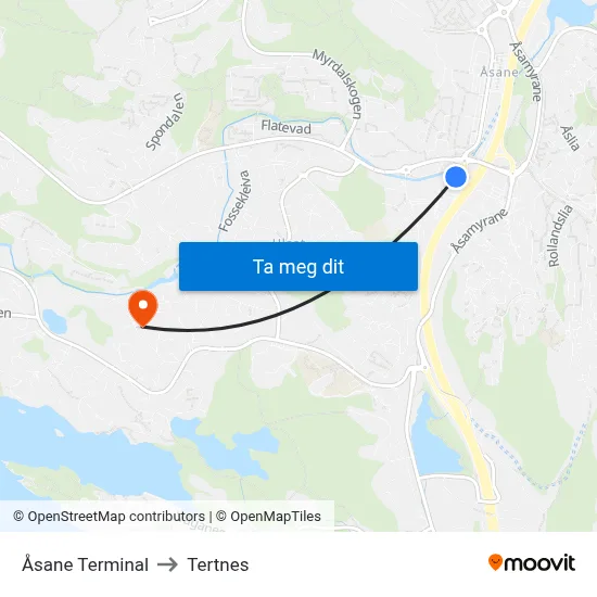 Åsane Terminal to Tertnes map