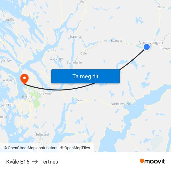 Kvåle E16 to Tertnes map