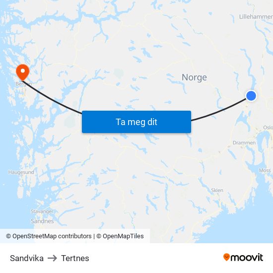 Sandvika to Tertnes map