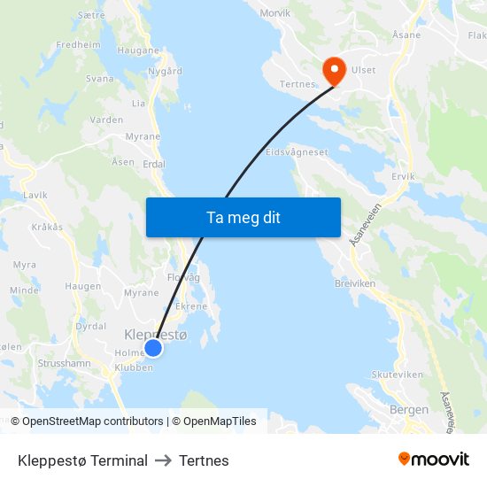 Kleppestø Terminal to Tertnes map