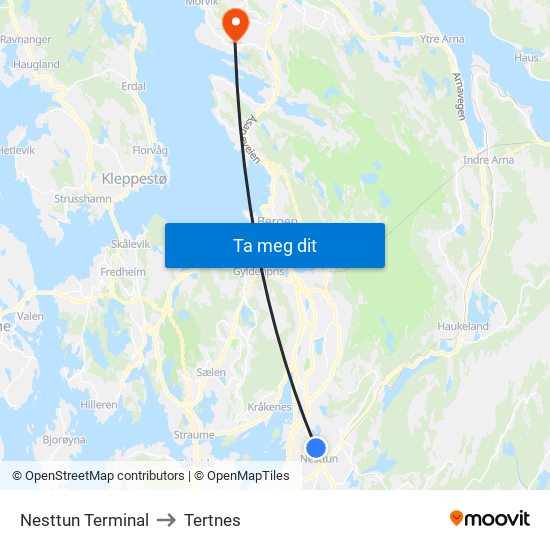 Nesttun Terminal to Tertnes map