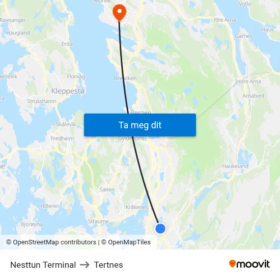 Nesttun Terminal to Tertnes map
