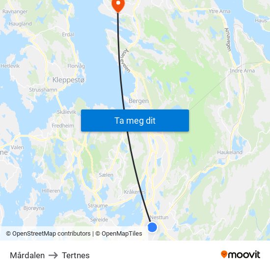 Mårdalen to Tertnes map