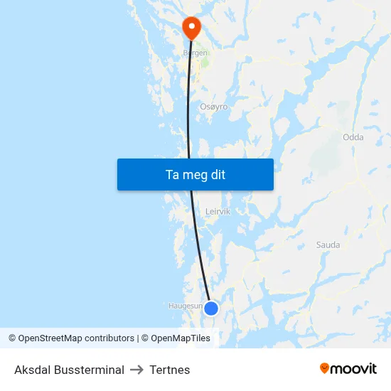 Aksdal Bussterminal to Tertnes map
