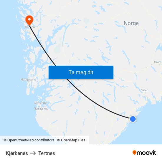 Kjerkenes to Tertnes map