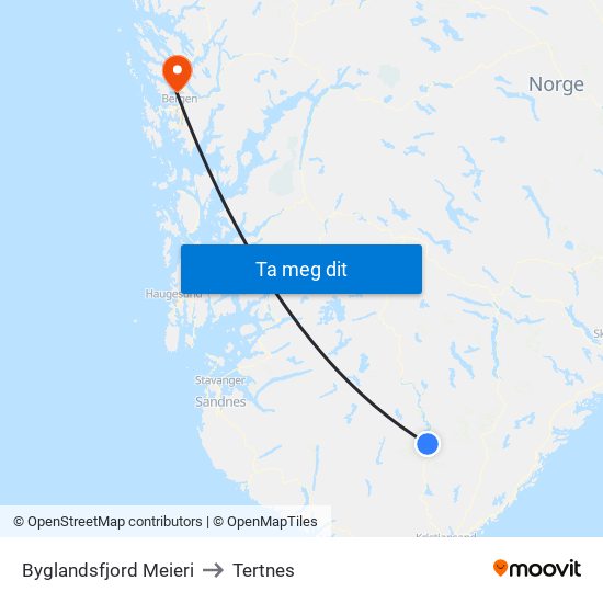 Byglandsfjord Meieri to Tertnes map
