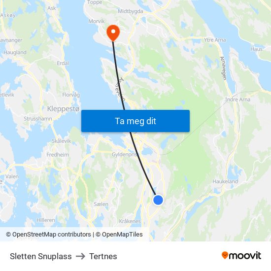 Sletten Snuplass to Tertnes map