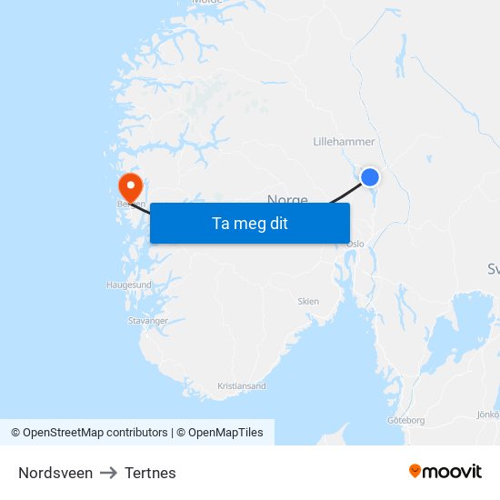 Nordsveen to Tertnes map