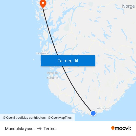 Mandalskrysset to Tertnes map