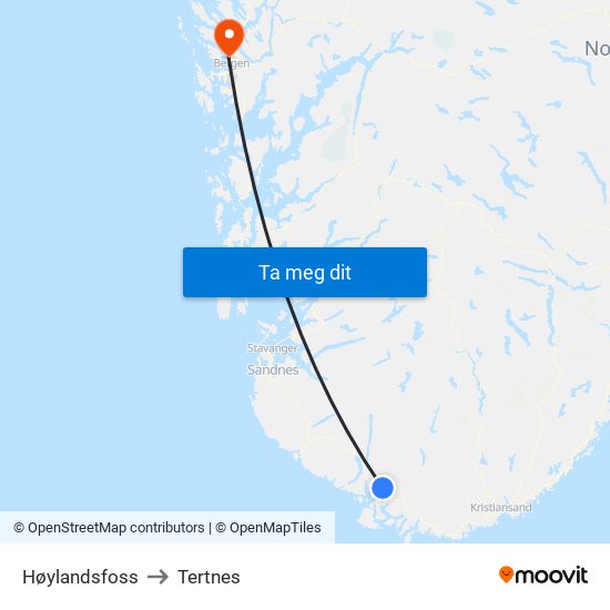 Høylandsfoss to Tertnes map