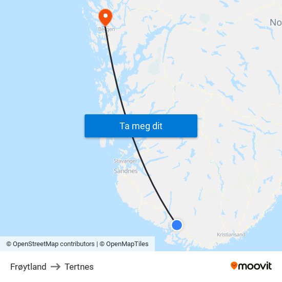 Frøytland to Tertnes map