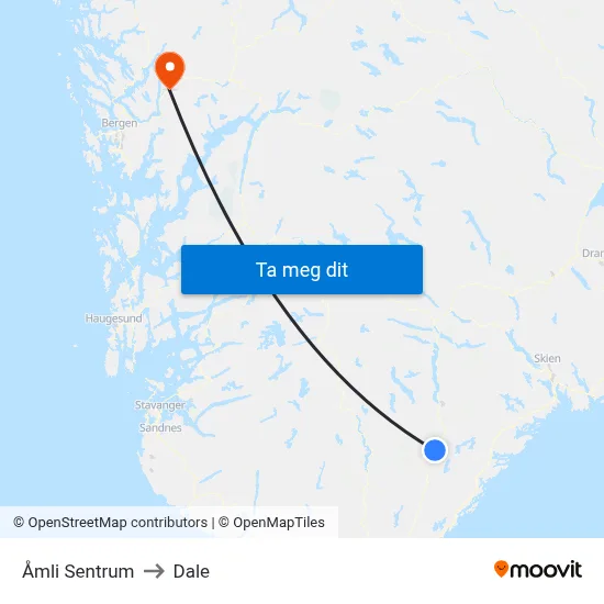 Åmli Sentrum to Dale map