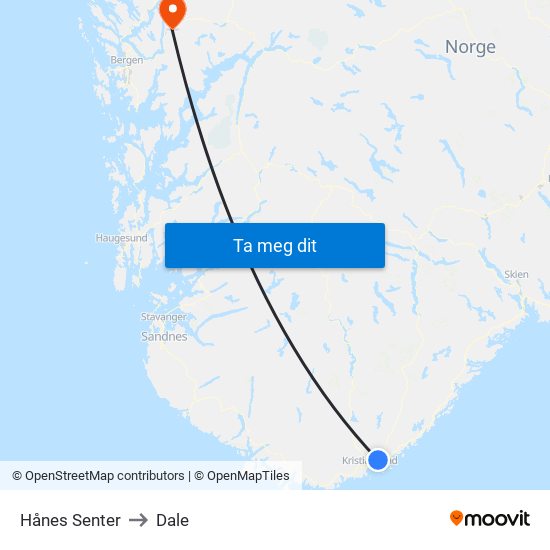 Hånes Senter to Dale map