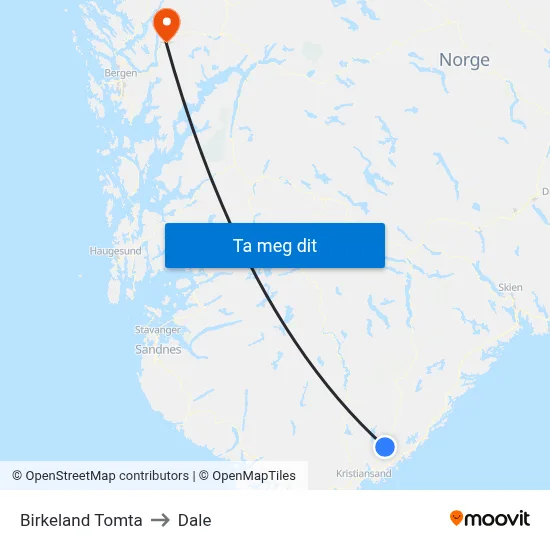 Birkeland Tomta to Dale map