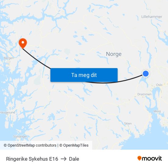 Ringerike Sykehus E16 to Dale map