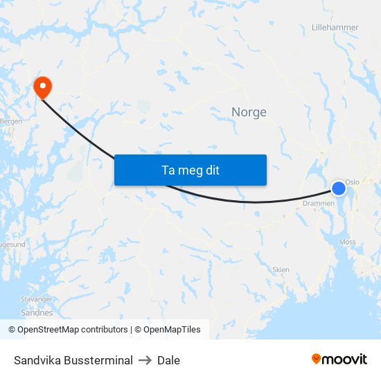 Sandvika Bussterminal to Dale map