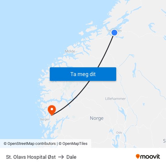 St. Olavs Hospital Øst to Dale map