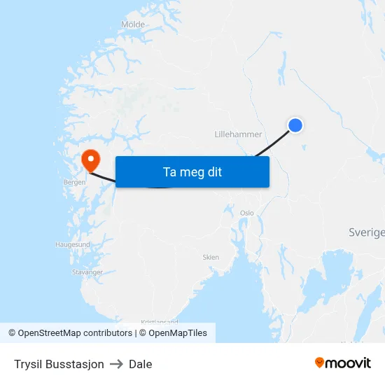 Trysil Busstasjon to Dale map