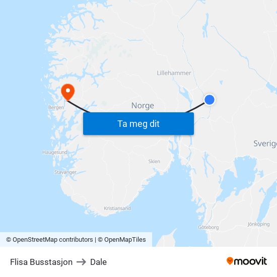 Flisa Busstasjon to Dale map