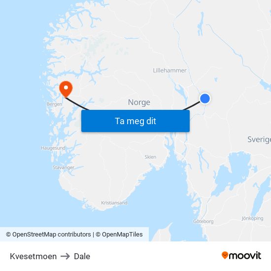 Kvesetmoen to Dale map