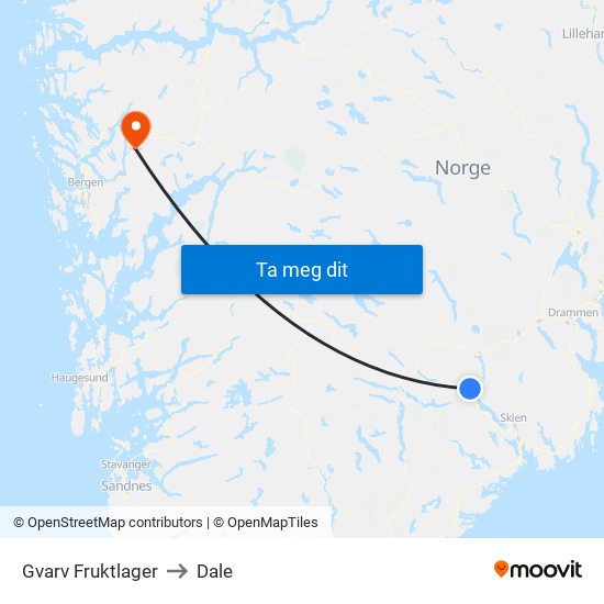 Gvarv Fruktlager to Dale map