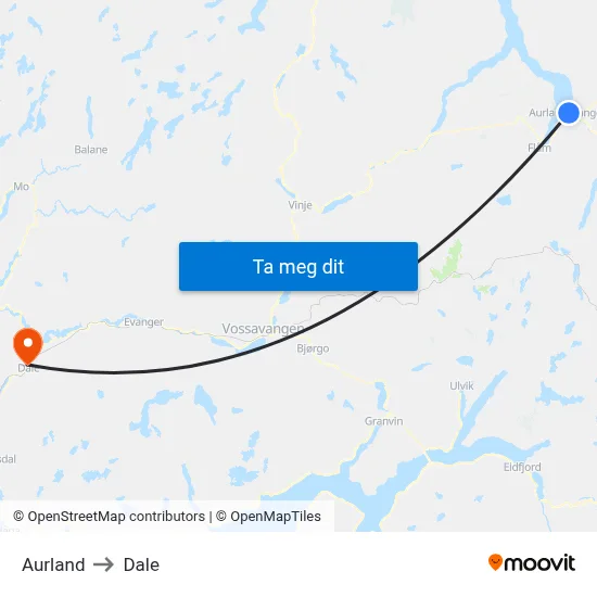 Aurland to Dale map