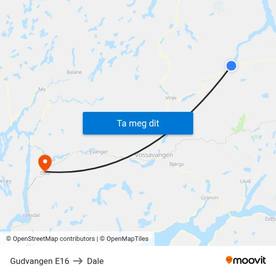 Gudvangen E16 to Dale map