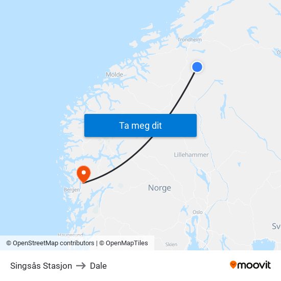 Singsås Stasjon to Dale map
