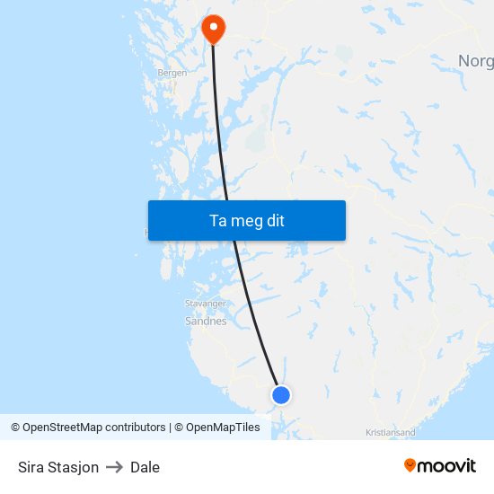 Sira Stasjon to Dale map