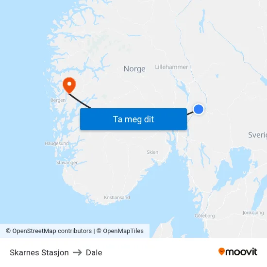 Skarnes Stasjon to Dale map