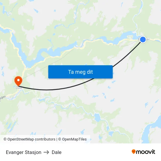 Evanger Stasjon to Dale map