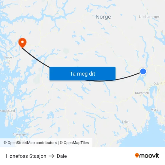 Hønefoss Stasjon to Dale map