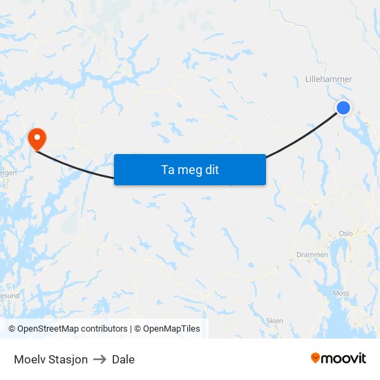 Moelv Stasjon to Dale map