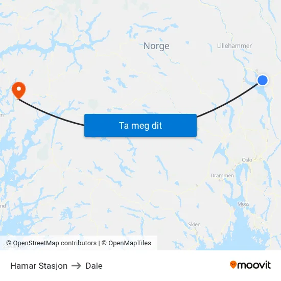 Hamar Stasjon to Dale map