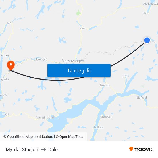 Myrdal Stasjon to Dale map