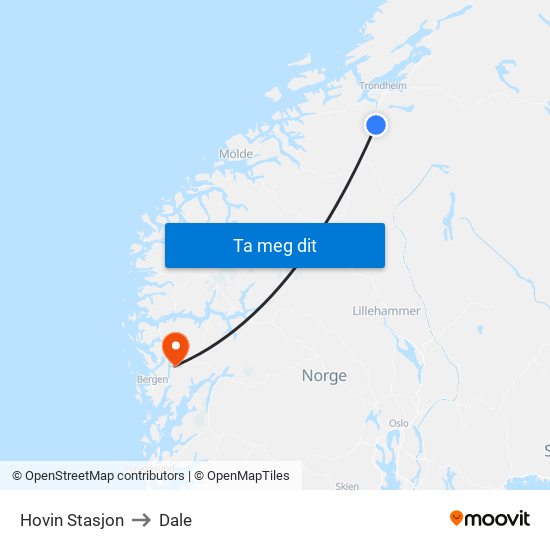 Hovin Stasjon to Dale map