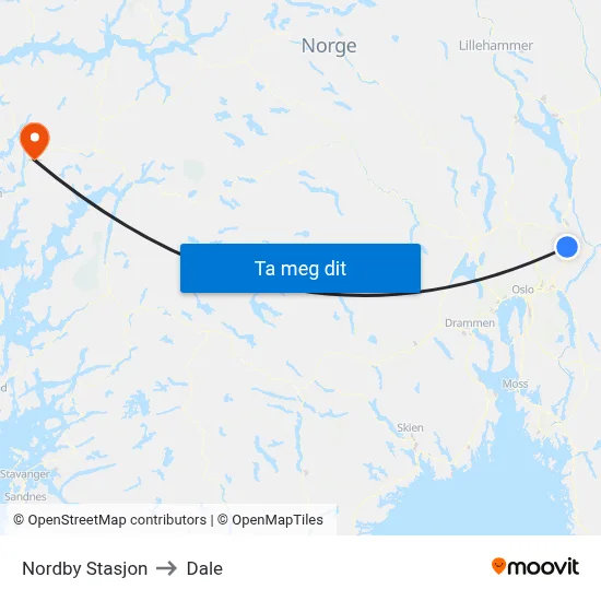 Nordby Stasjon to Dale map