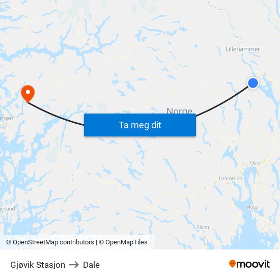 Gjøvik Stasjon to Dale map